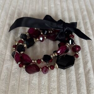 Black and Deep Red Beaded Stretch Bracelet Set with Ribbon